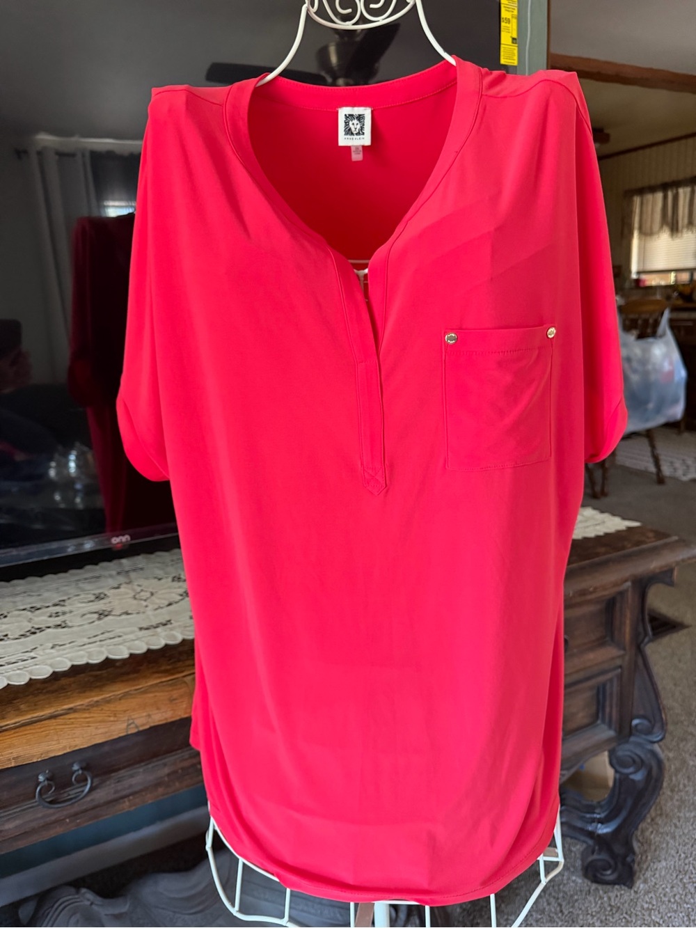 Anne Klein Hot reddish / orange Split V-Neck Pocket Tunic 2XL
